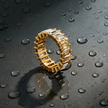 Baguette eternity ring in gold on dark slate